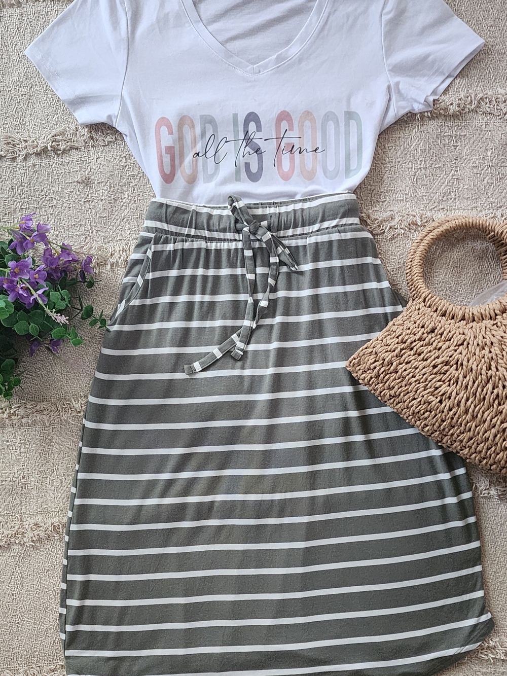 Striped Olive Drawstring Midi Skirt